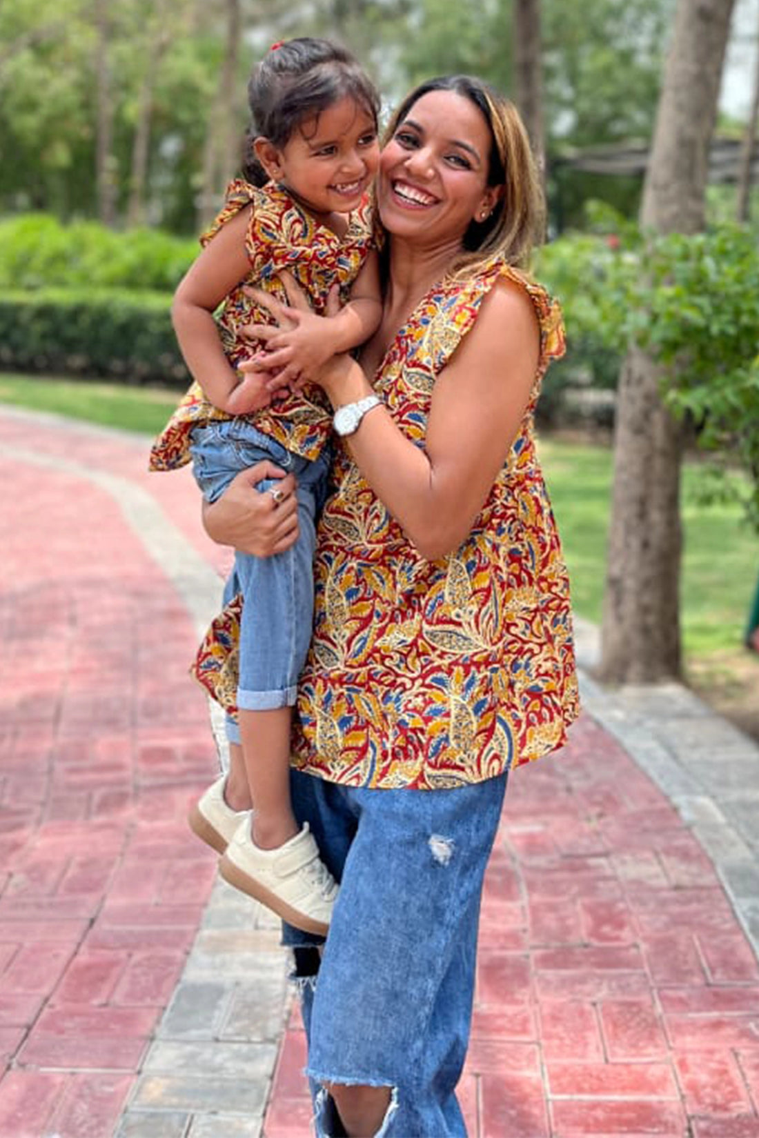 Cotton Kalamkari Print Matching Tops Sets For Mom and Daughter