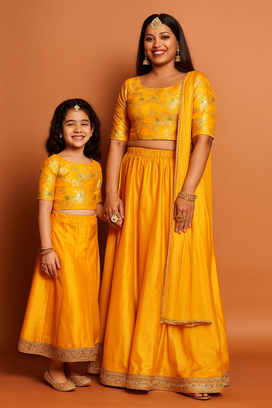 Amber Yellow Brocade Top With Amber Lehenga For Mom And Daughter