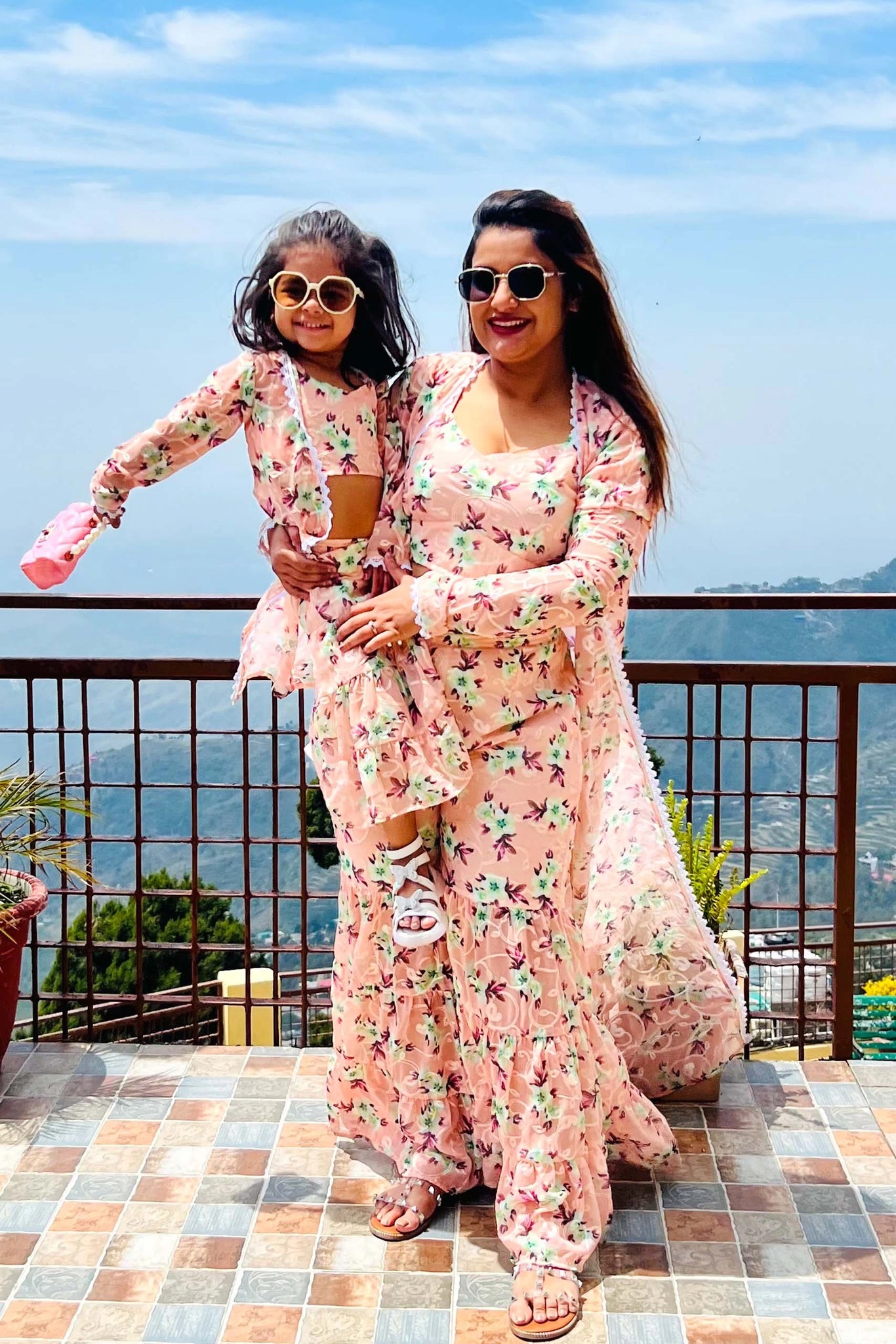 Peach Floral Crop Top with Over Coat and Pants Mom and Daughter Matchi