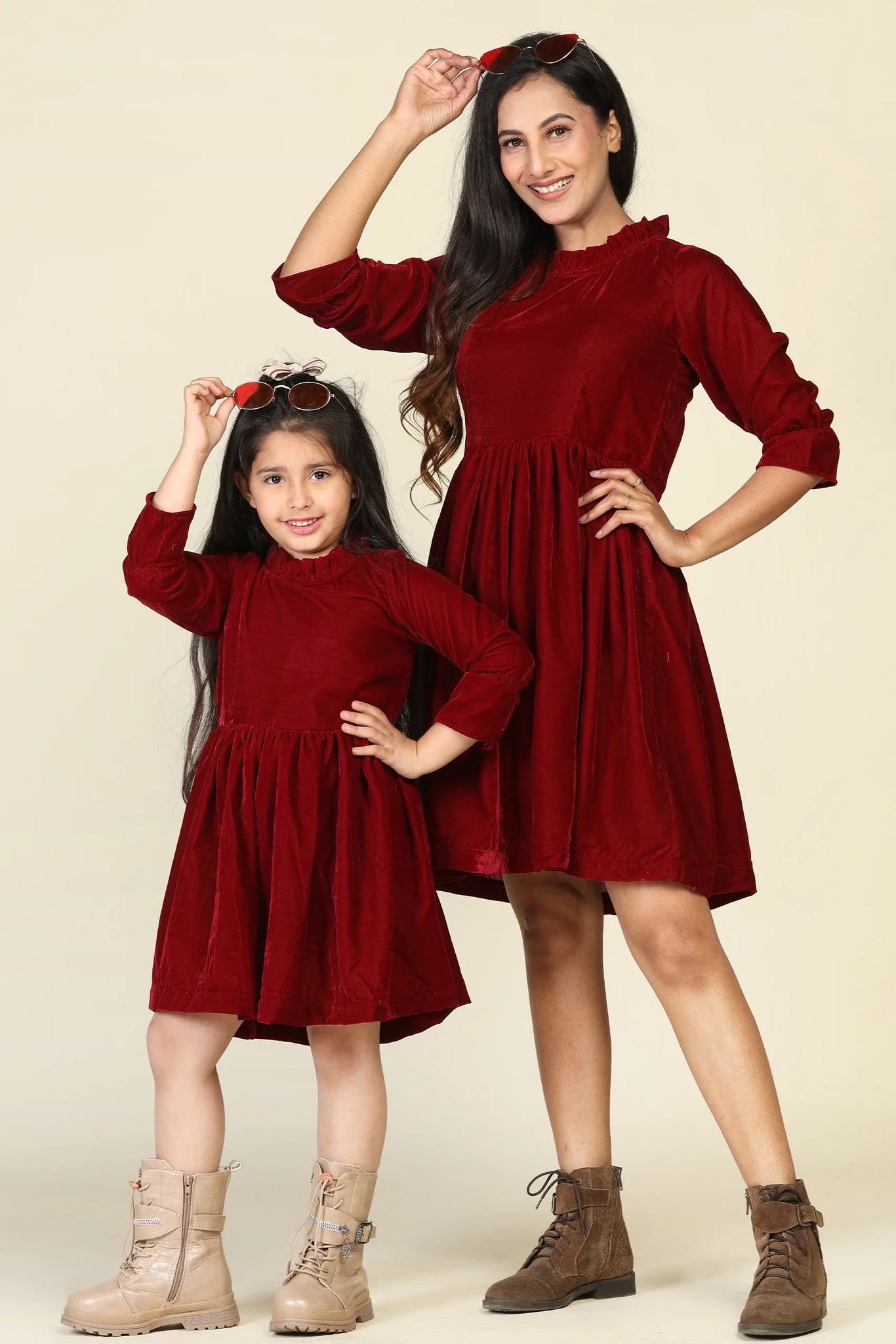 Twirl in Tandem: Maroon Samaira Velvet Dresses for Mom & Daughter