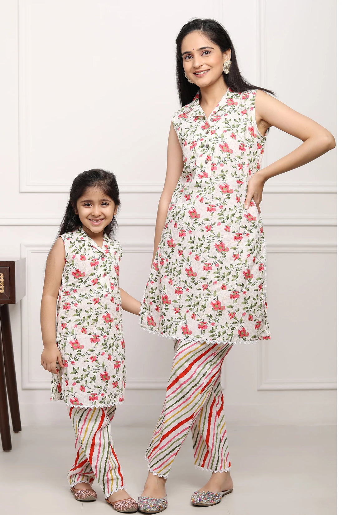 Matching White and Multifloral Collared Suits for Mom & Daughter