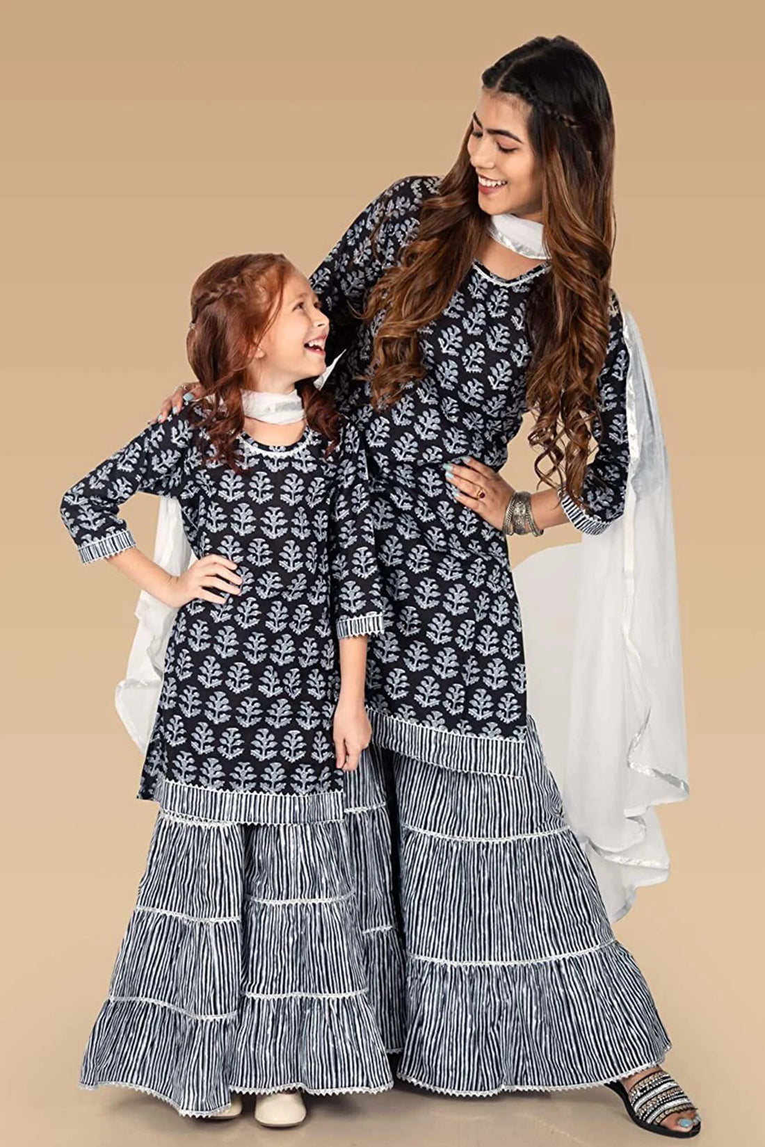 Black and White printed Sharara Suit Set ( Mom & Daughter Twin Set )