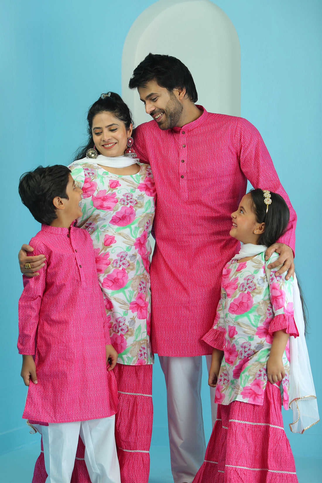 Fuchsia floral Sharar Suit Set With Matching with Matching Kurta Pajama Family Twin Set