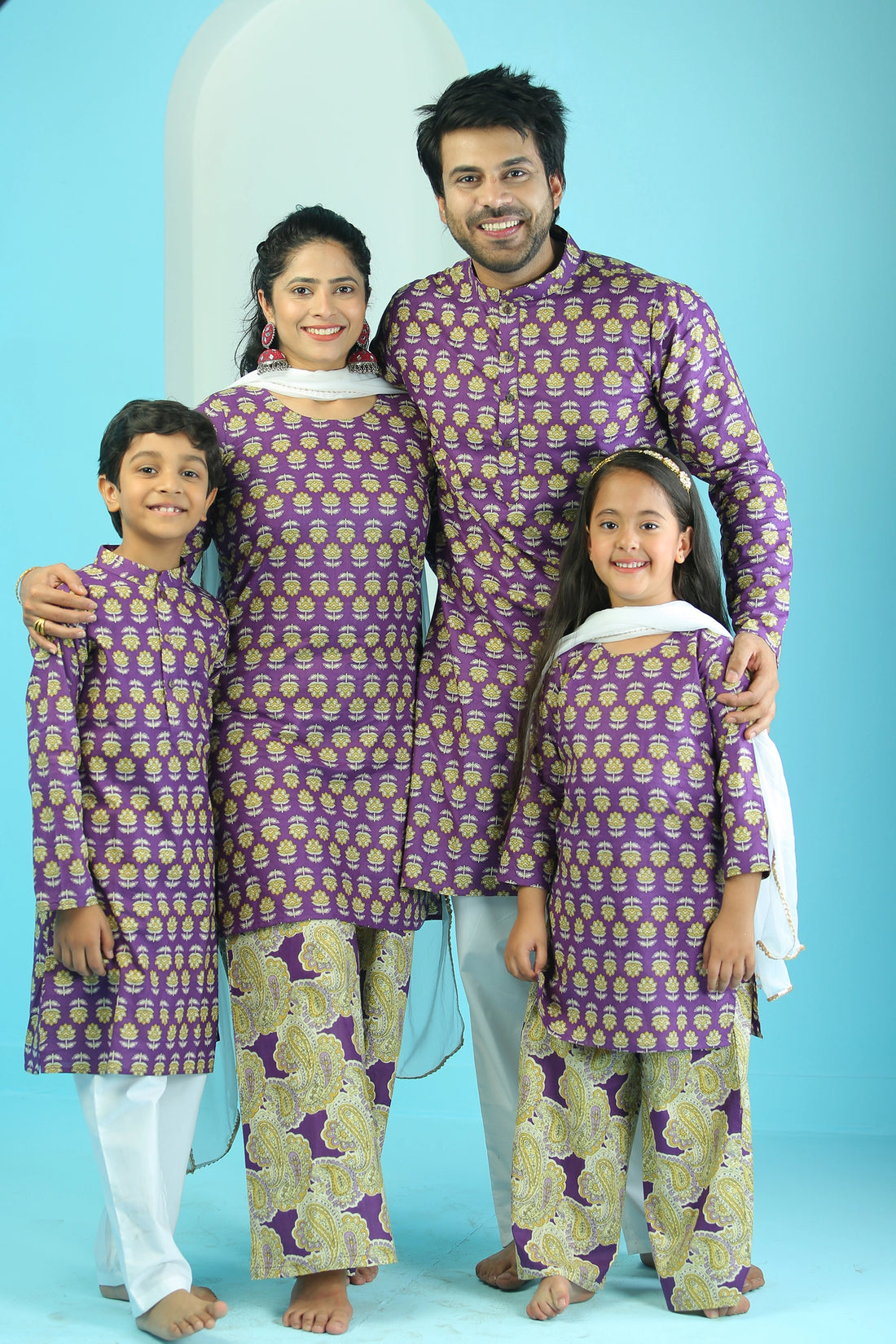 Purple Floral Suit Set With Matching with Matching Kurta Pajama Family Twin Set
