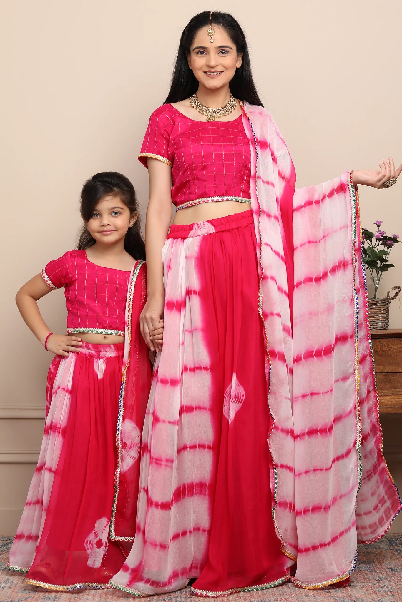 Pink Mom-Daughter Combo Lehenga Choli with Jacket - Clothsvi