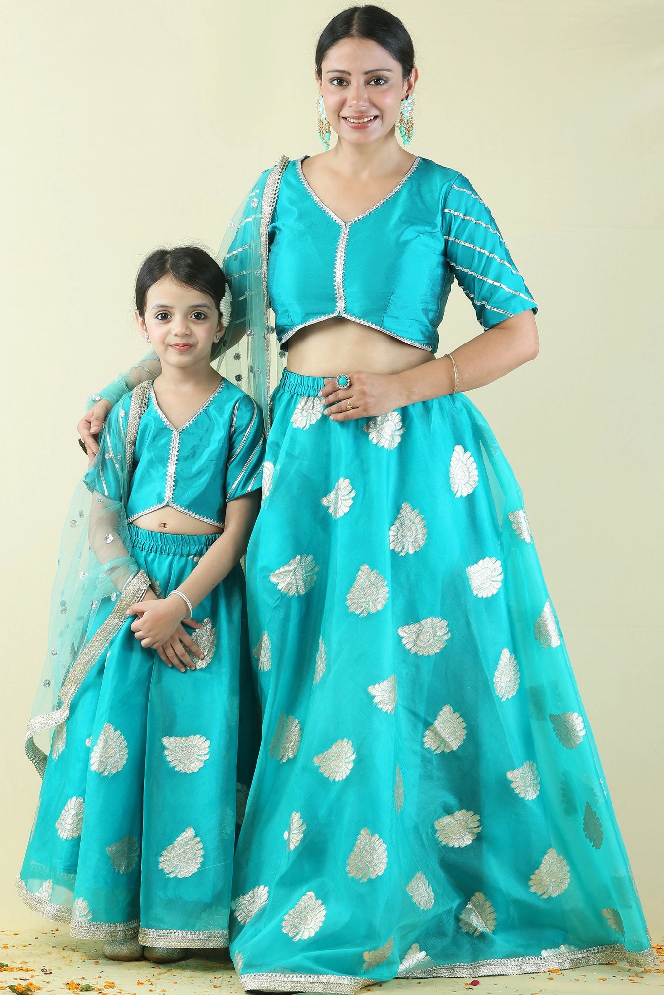 Mom and Daughter Twin Set Teal Golden Lehenga Choli
