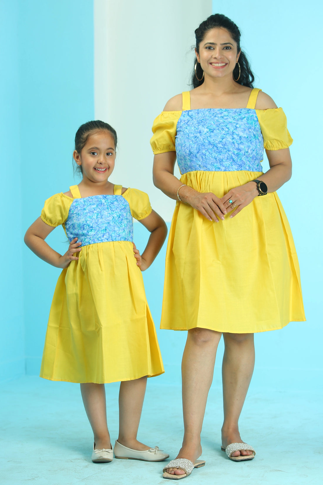 Yellow And Blue Anya Off Shoulder Dress For Mom And Daughter Set