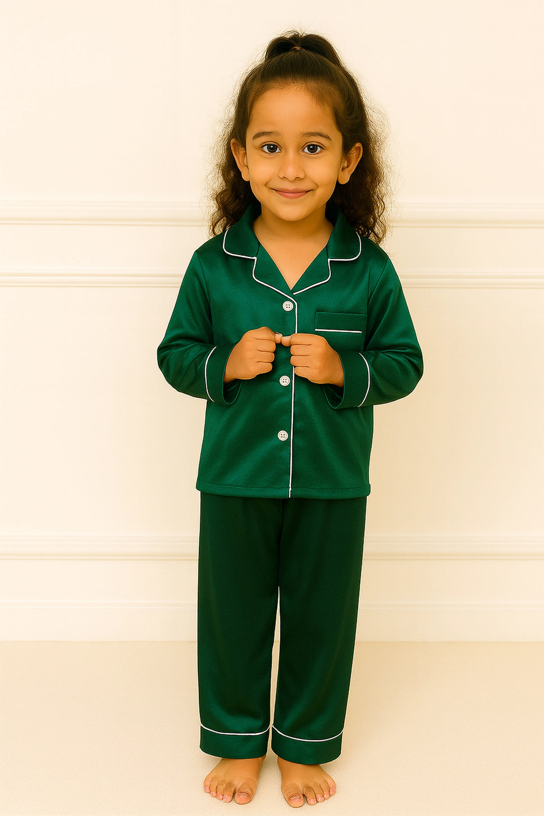 Green Satin Nightsuit Set For Kid
