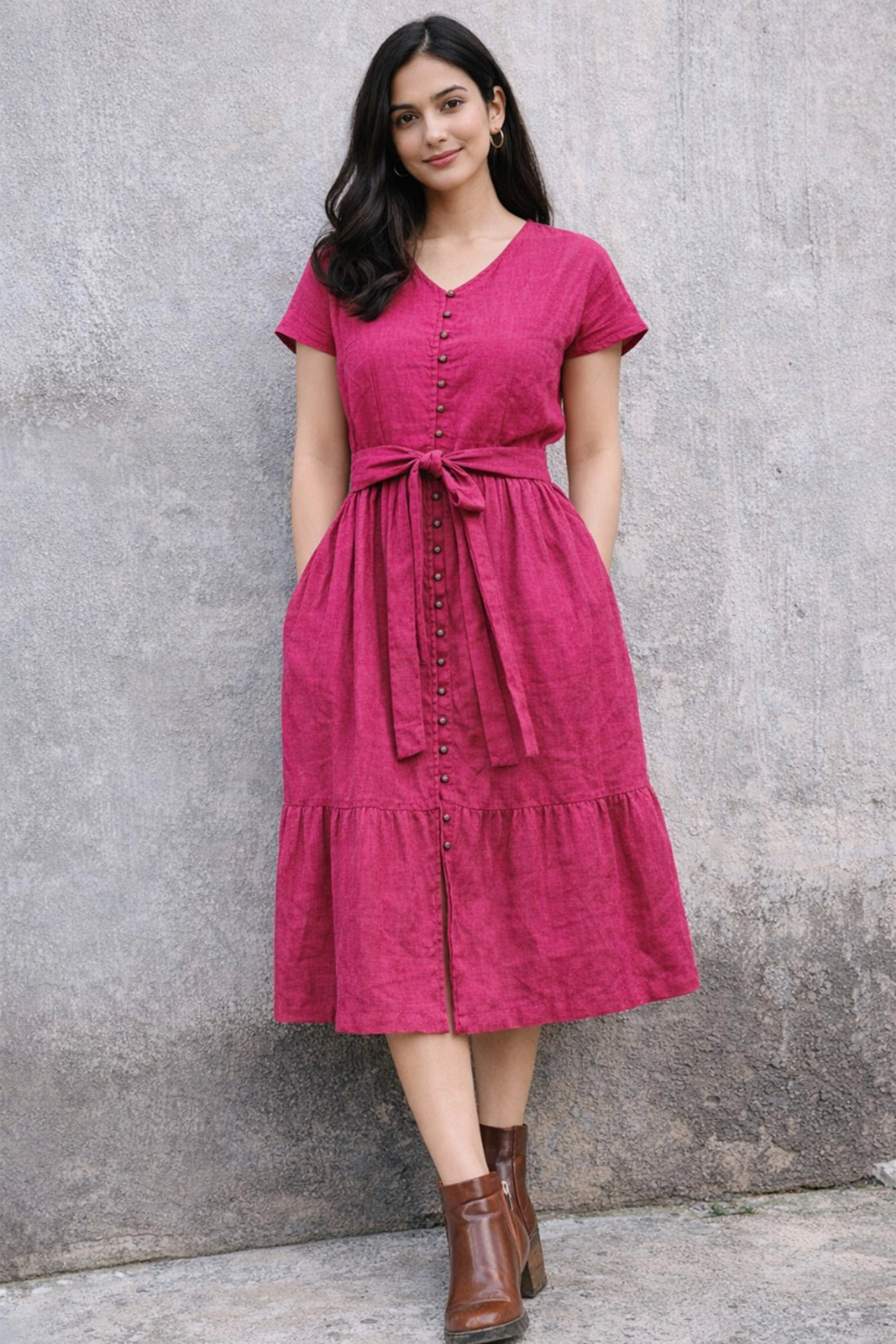 Elara Button Midi – Fuchsia