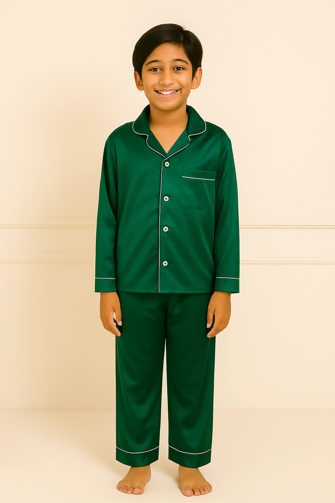 Green Satin Nightsuit Set For Boy