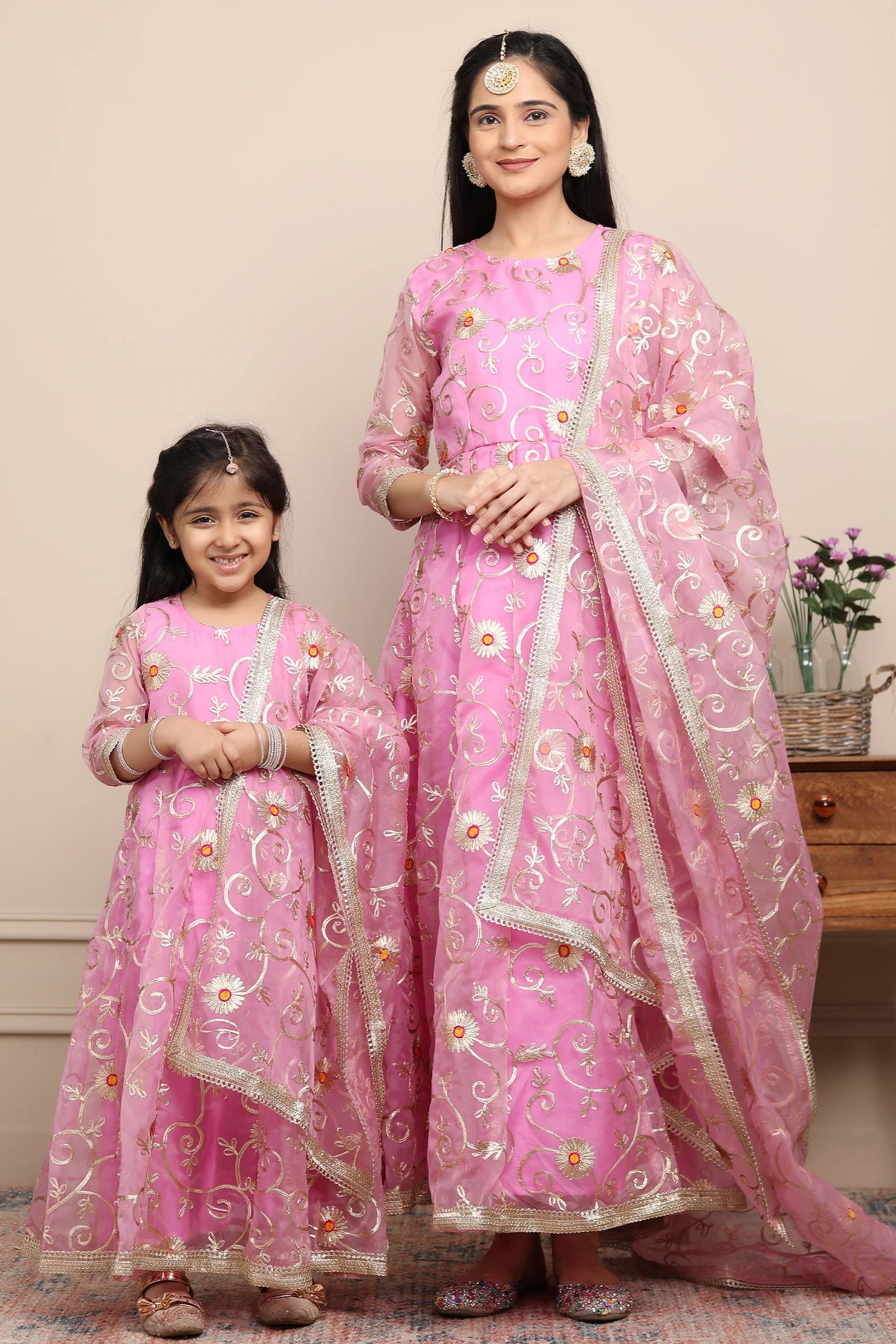 Elegant Ethnic Rouge Silver Gota Patti Mom Daughter Gown Set