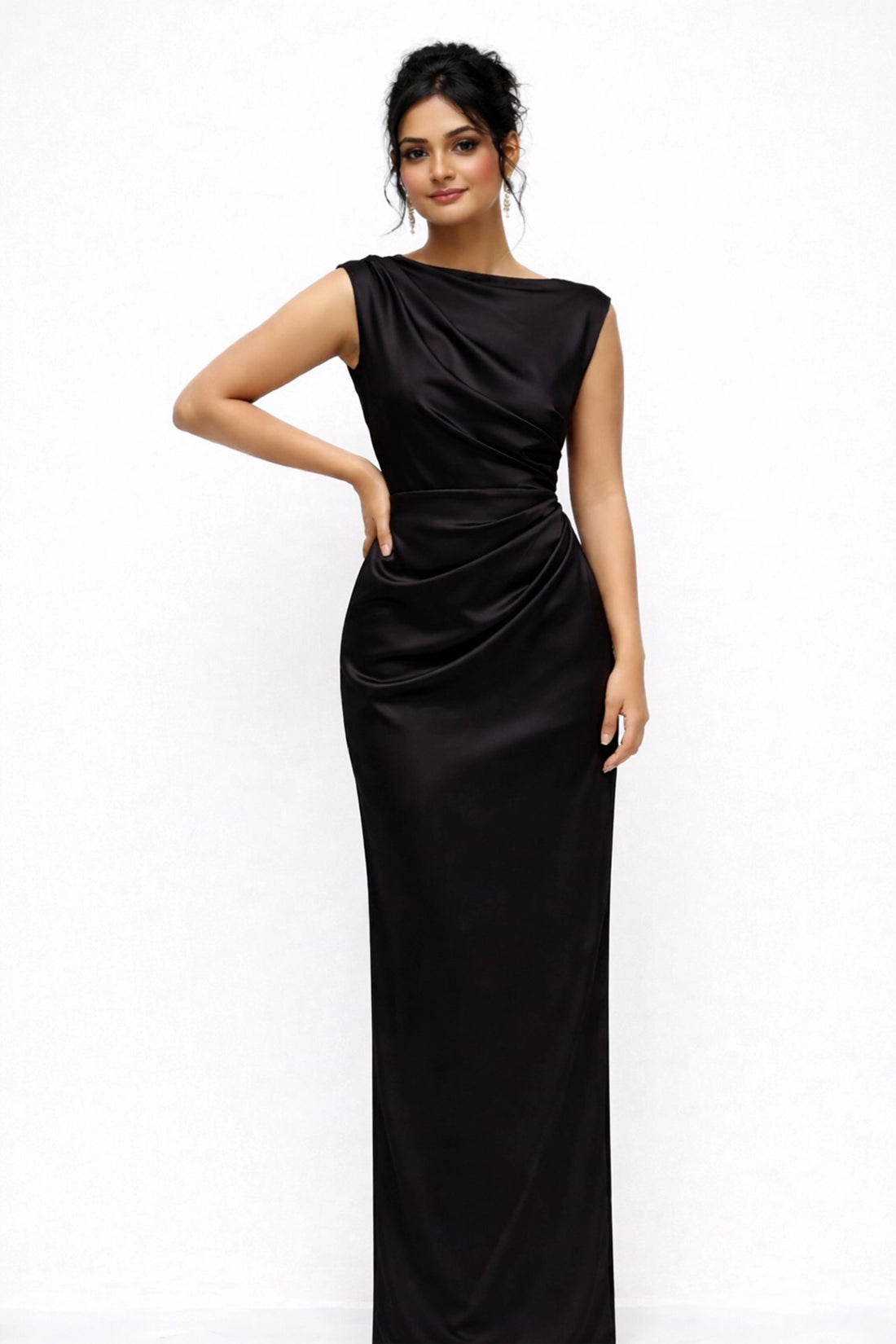 Draped Satin Gown – Black