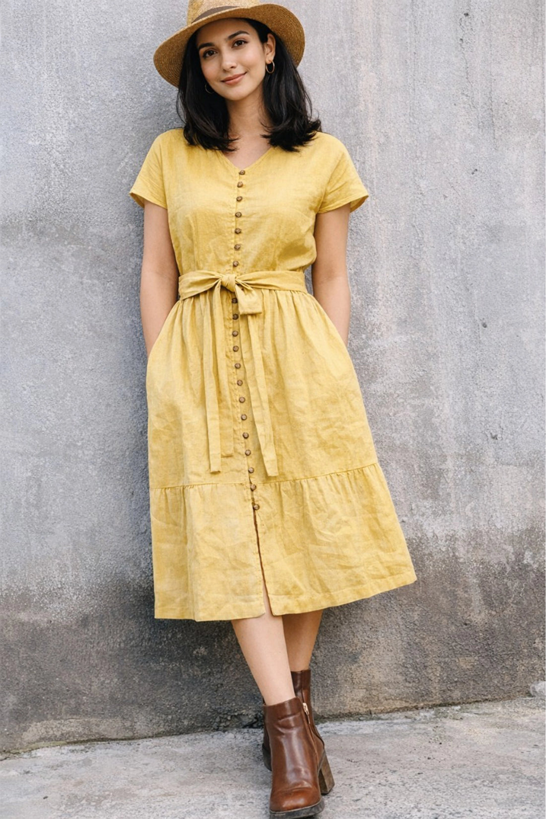 Elara Button Midi – Yellow