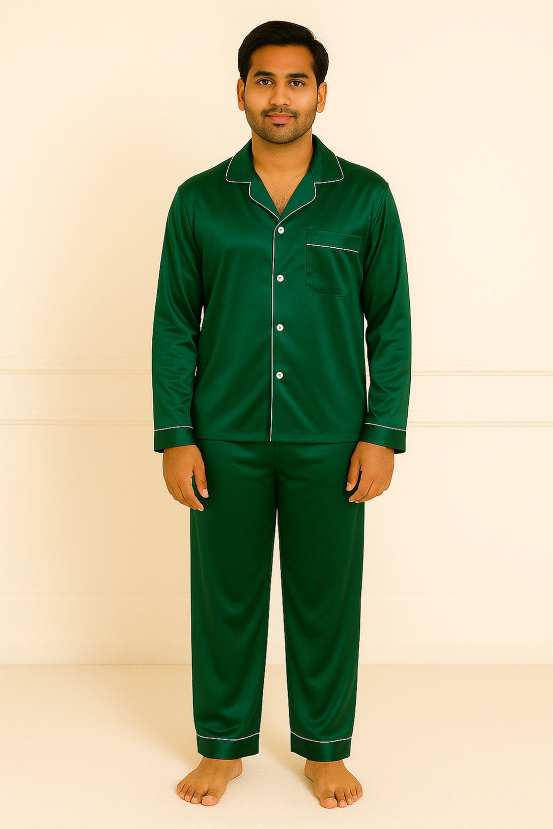 Green Satin Nightsuit Set For Men