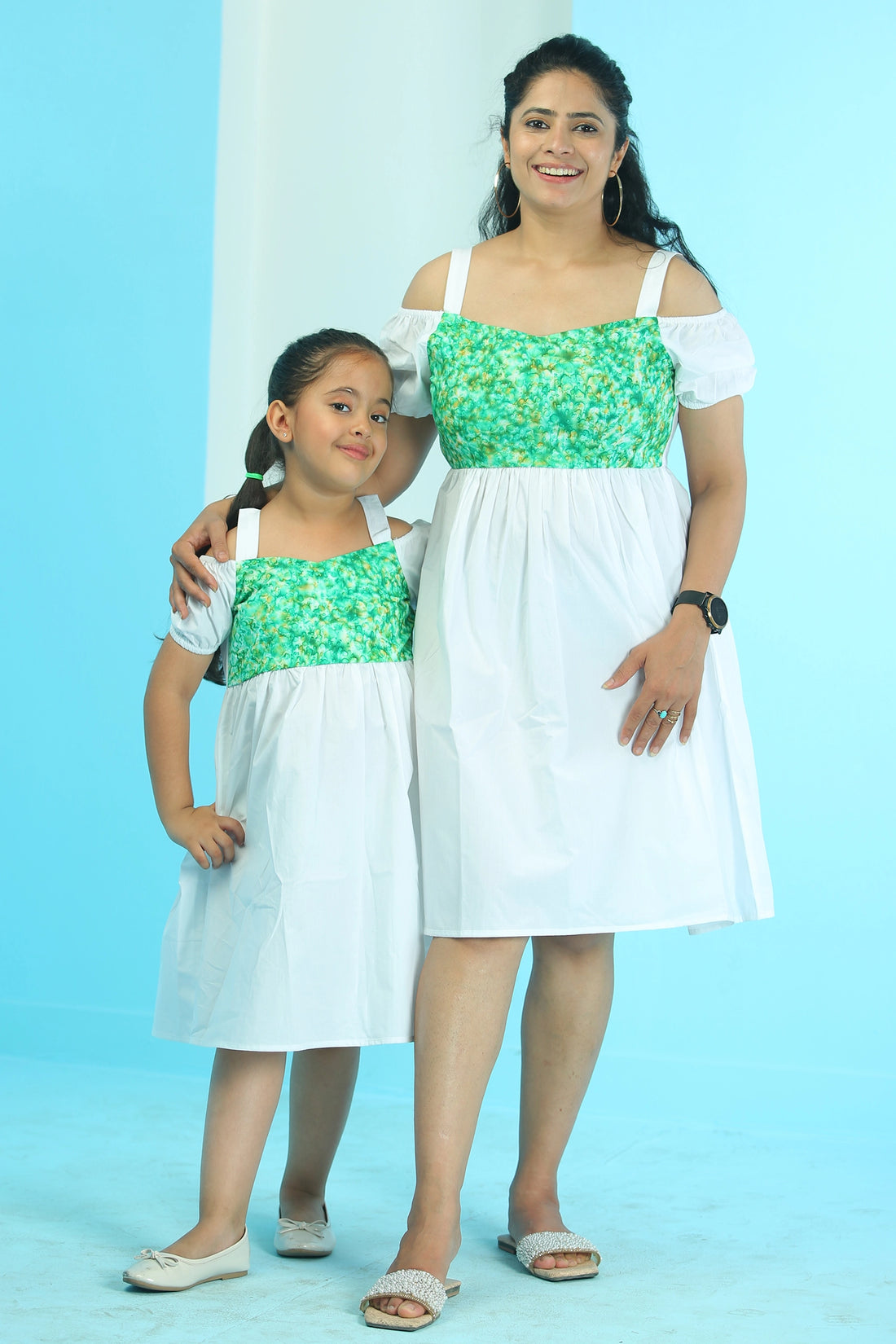 White And Green Printed Off Shoulder Dress For Mom And Daughter Set