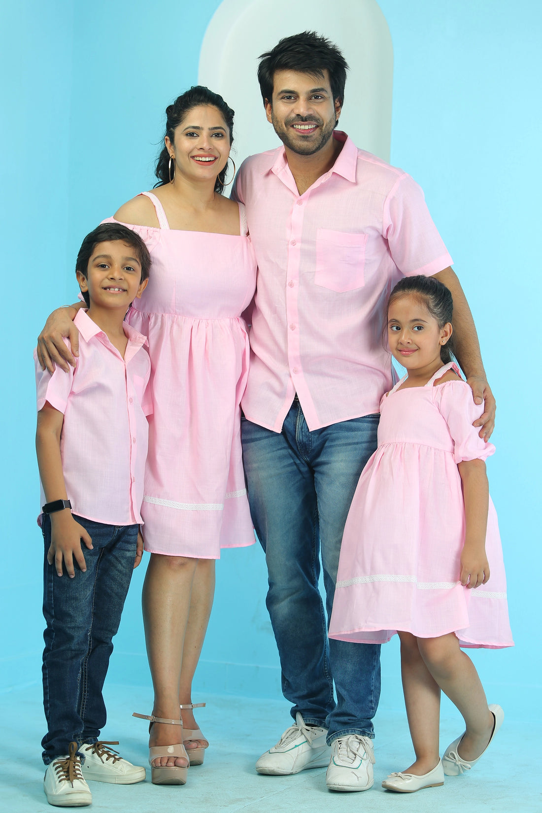 Powder Pink Ruby Cotton Olivia Off Shoulder Family Set With Matching Dress & Shirt