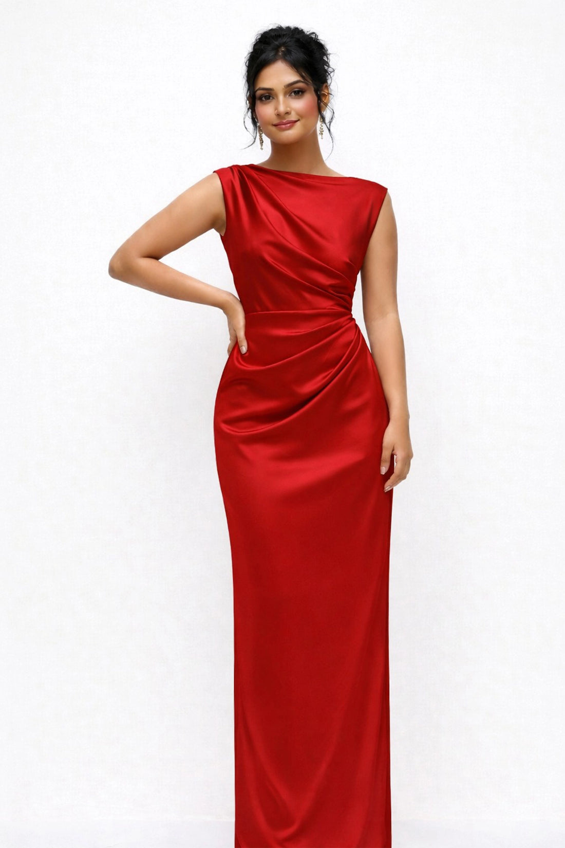 Draped Satin Gown – Red