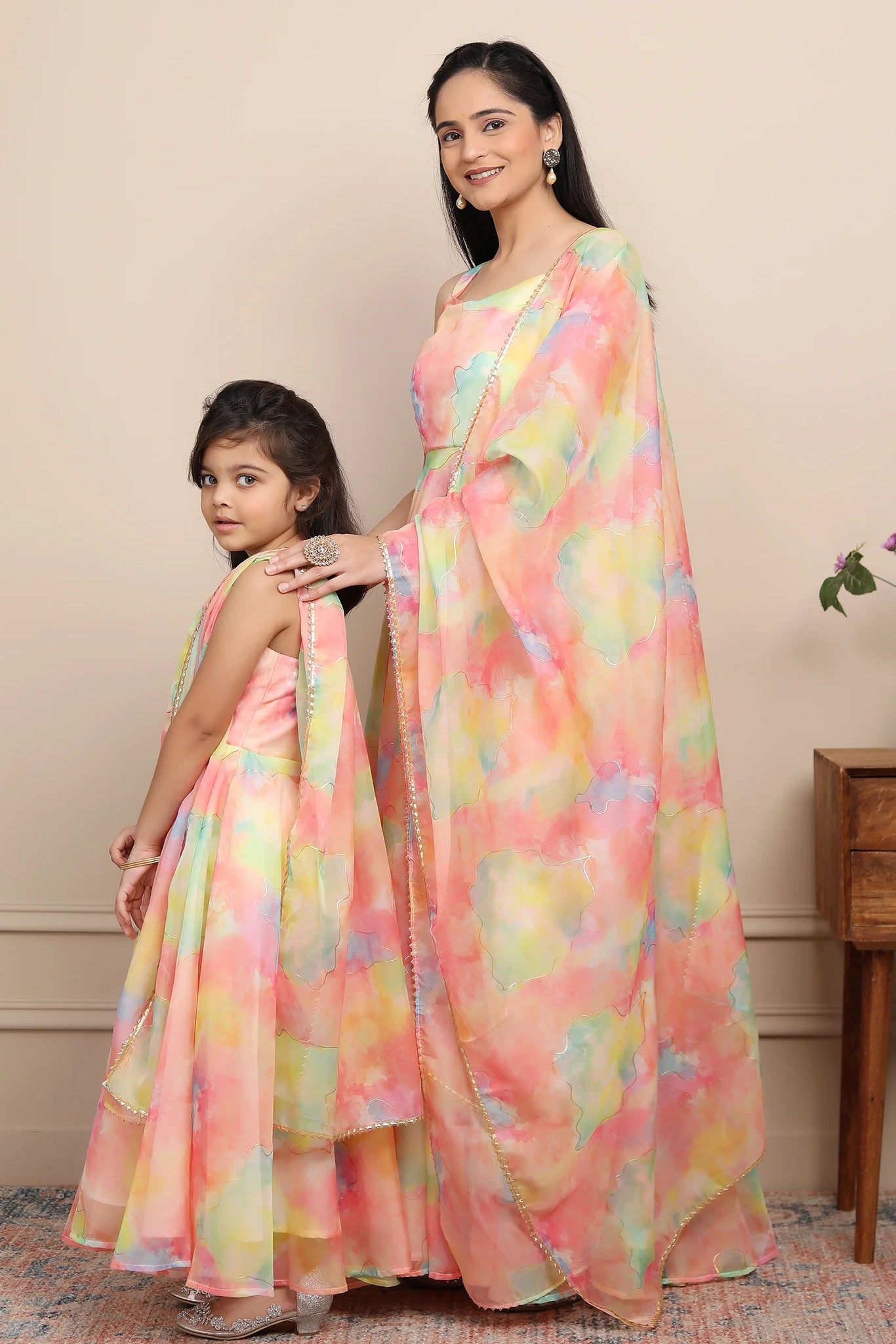 Mom and Daughter Twin Set: Peach Spaghetti Organza Gowns with Multifloral Design