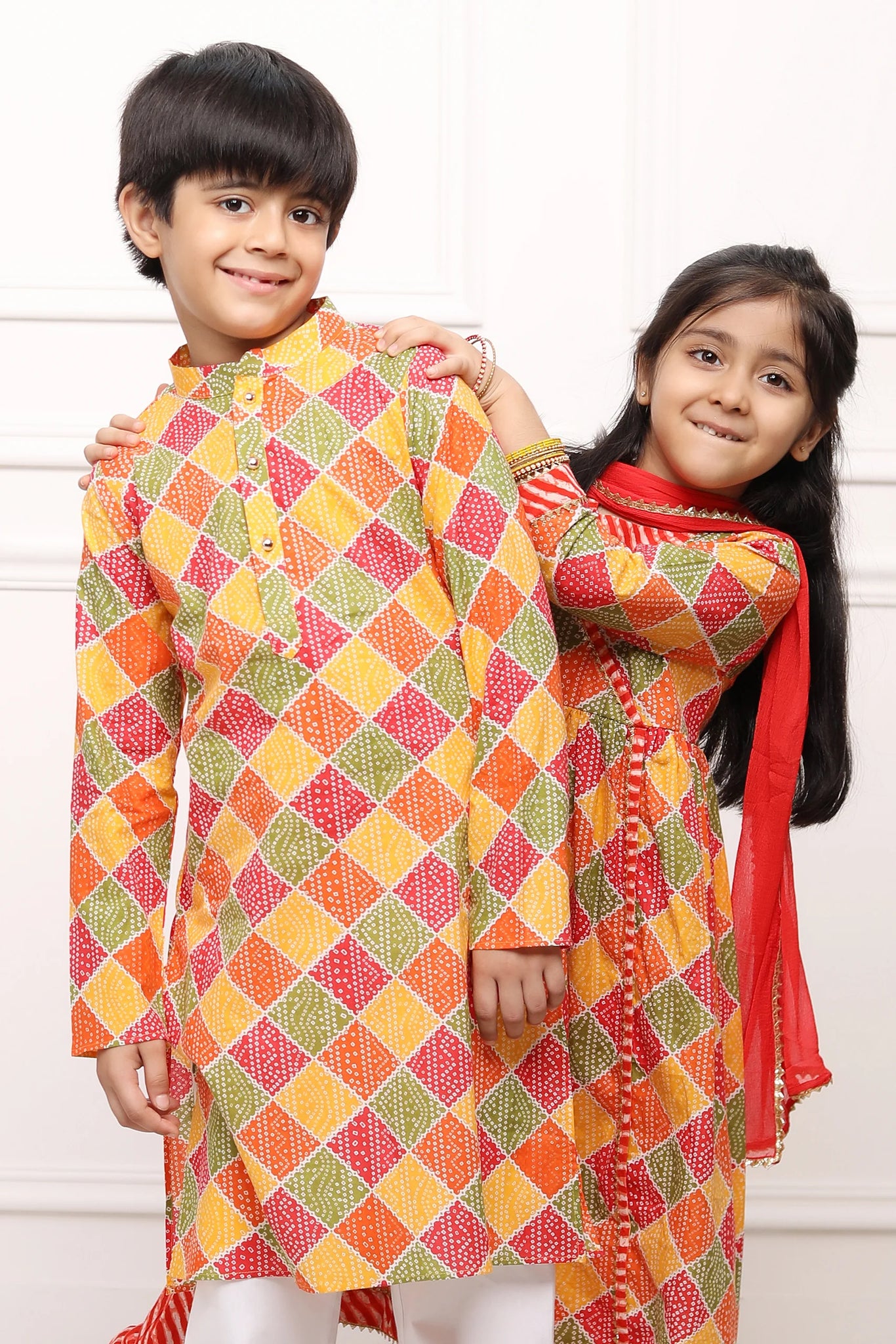 Brother and Sister Twin Outfit: Orange Multicolor Angrakha Suit with Kurta Pyjama