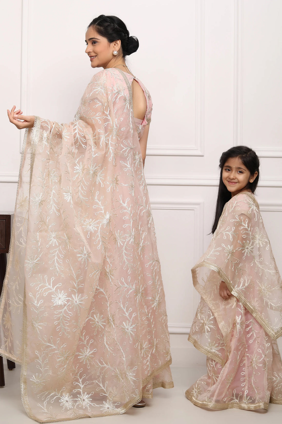 Elegant Peach Gota Patti Lehenga Choli Set for Mom and Daughter