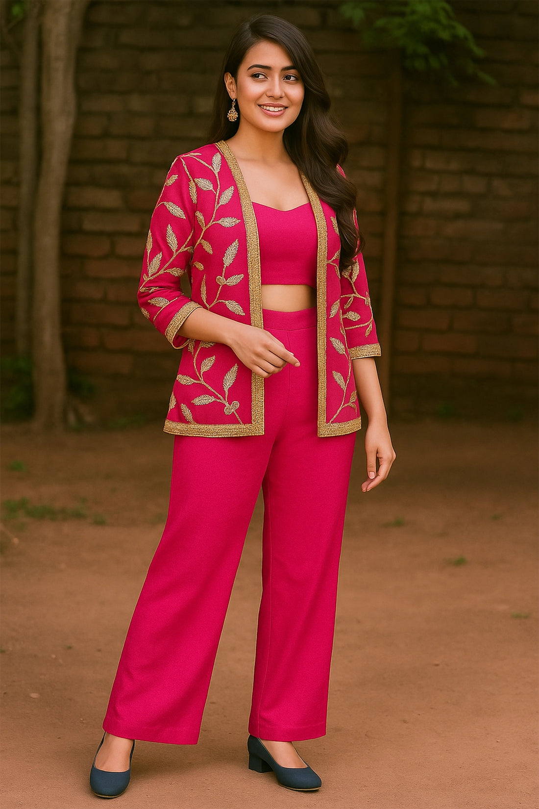 Fuchsia Gota Pati Jacket Set For Women