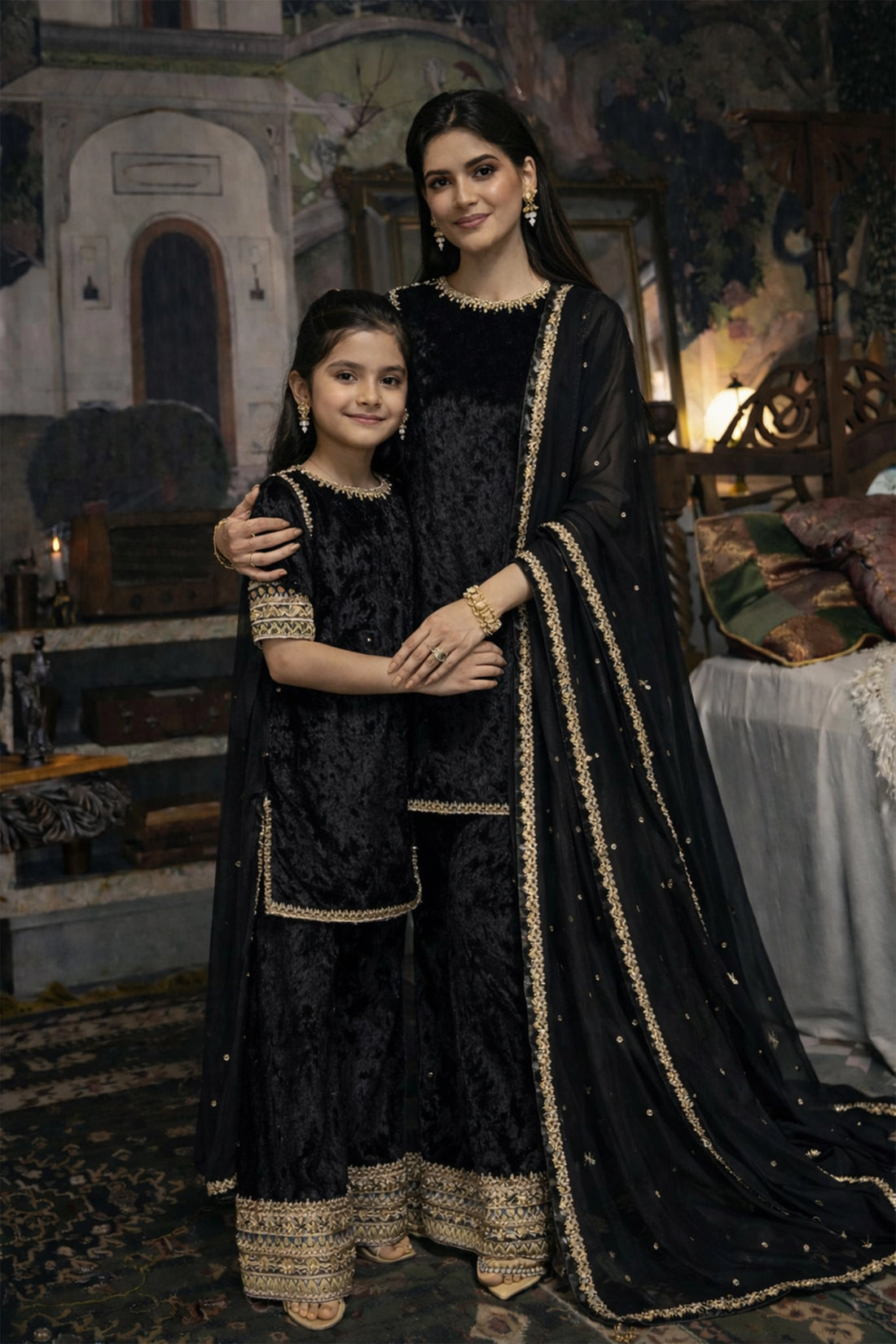 Regal Velvet Sharara Suit Set For Mom & Me - Black