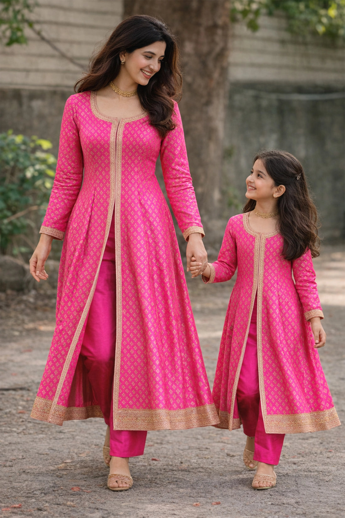 Royal Pink Matching Anarkali Set For Mom & Daughter