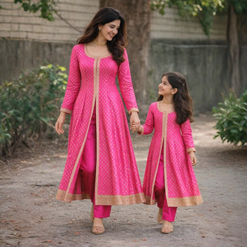 Royal Pink Matching Anarkali Set For Mom & Daughter