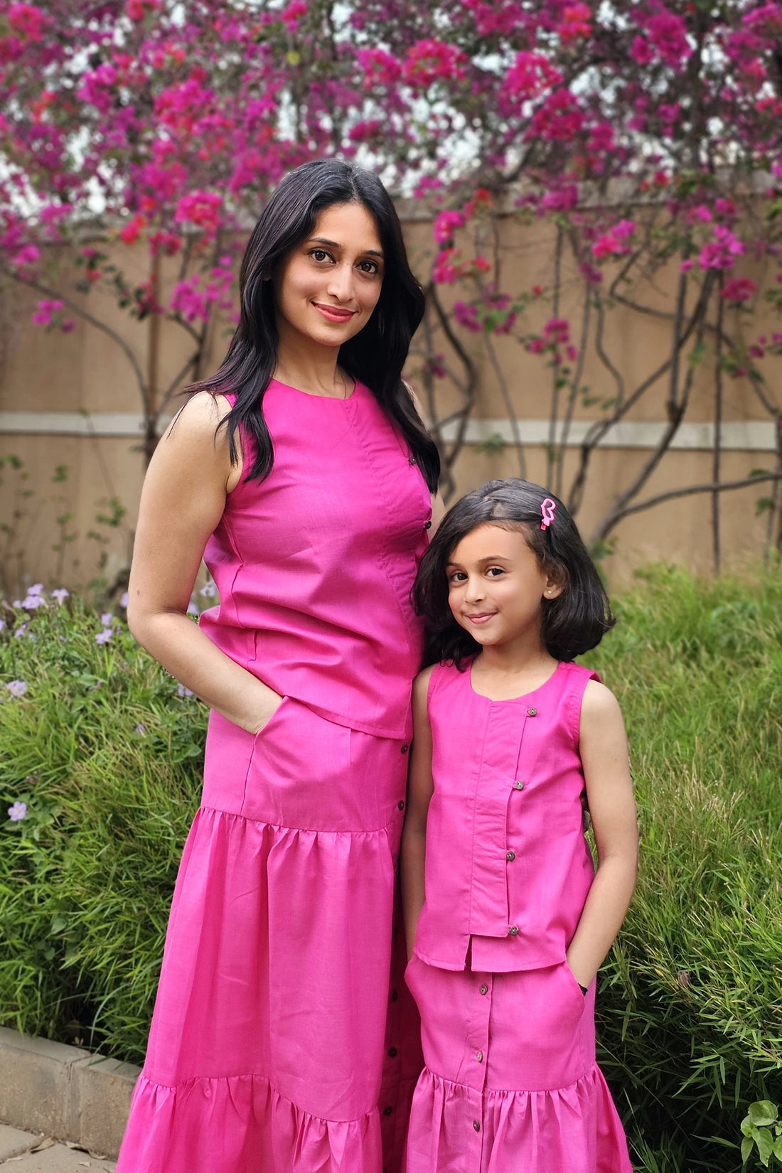 Matching Fuchsia Cotton Sleeveless Top and Skirt Set for Mom and Daughter