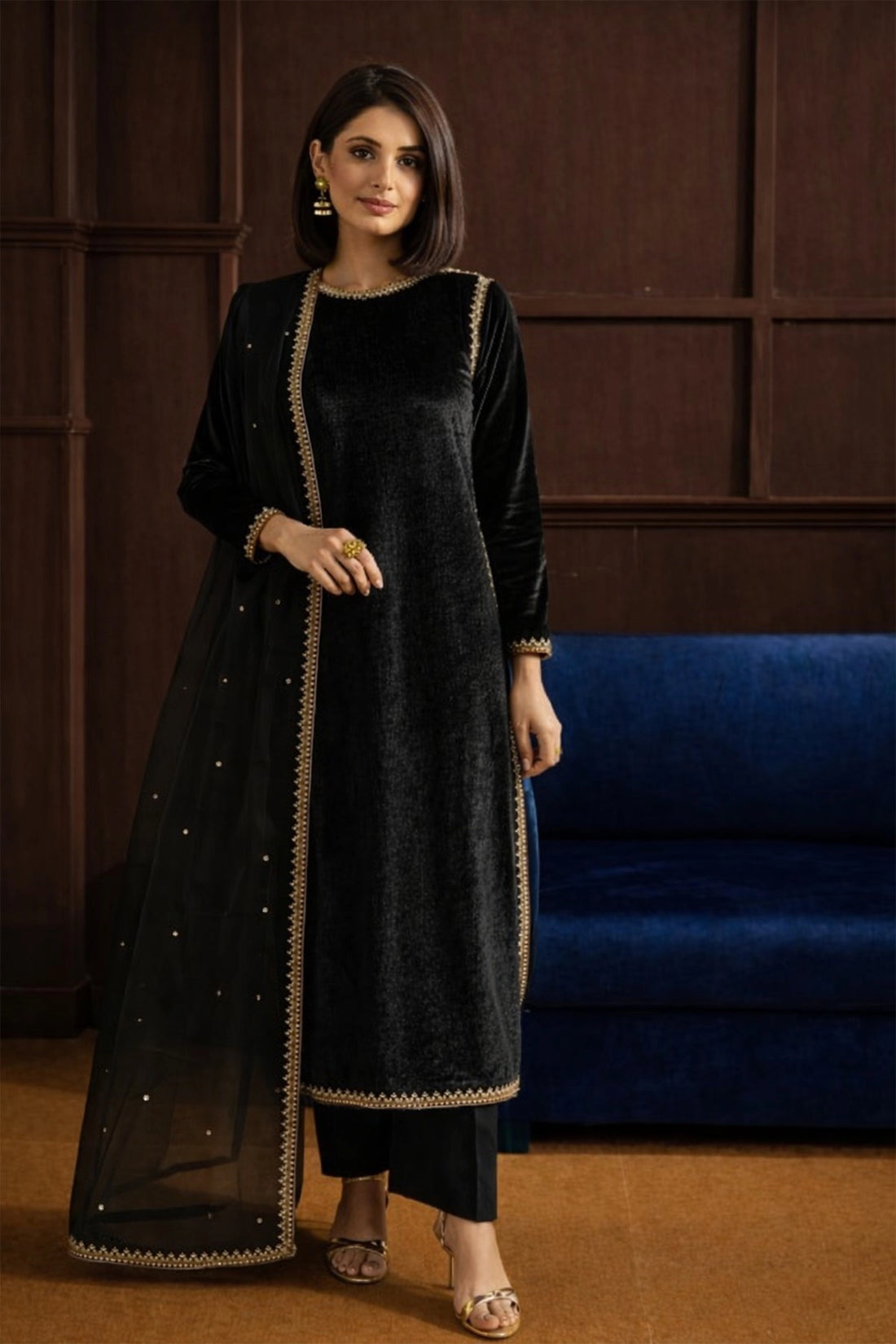 Luxe Velvet Kurta Set - Black