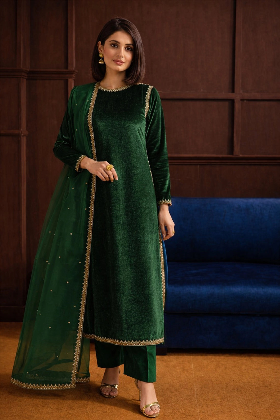 Luxe Velvet Kurta Set - Green