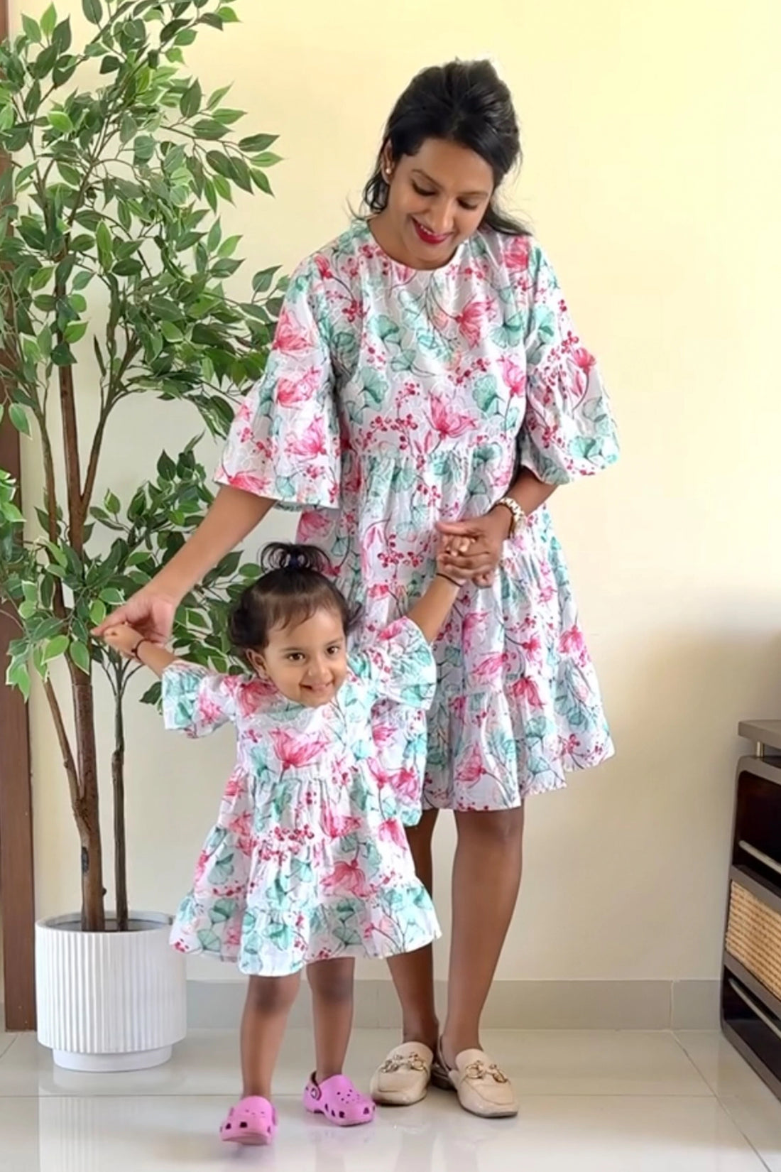 White Floral Printed Ruby Dress For Mom And Daughter
