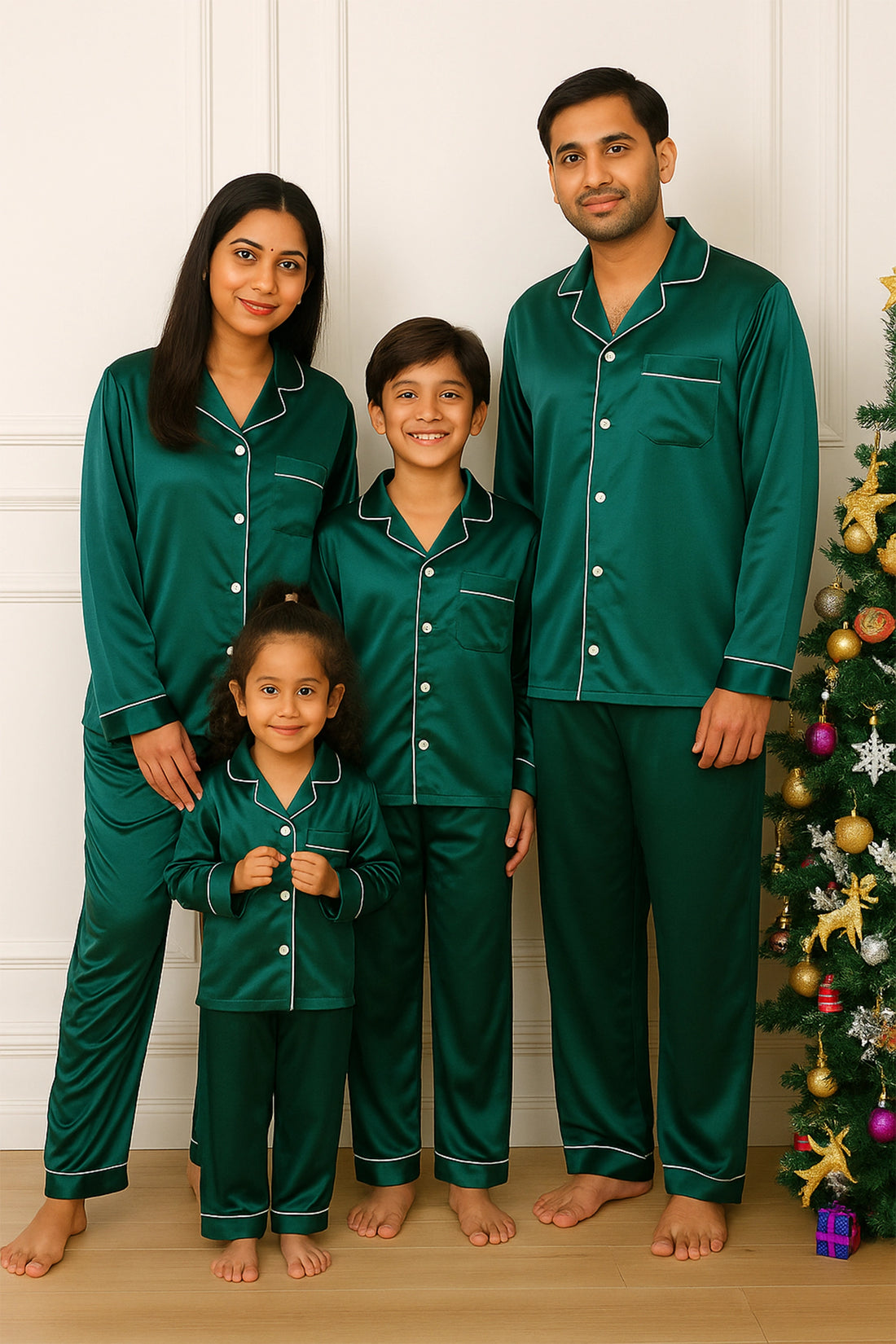Green Satin Nightsuit Set For Family