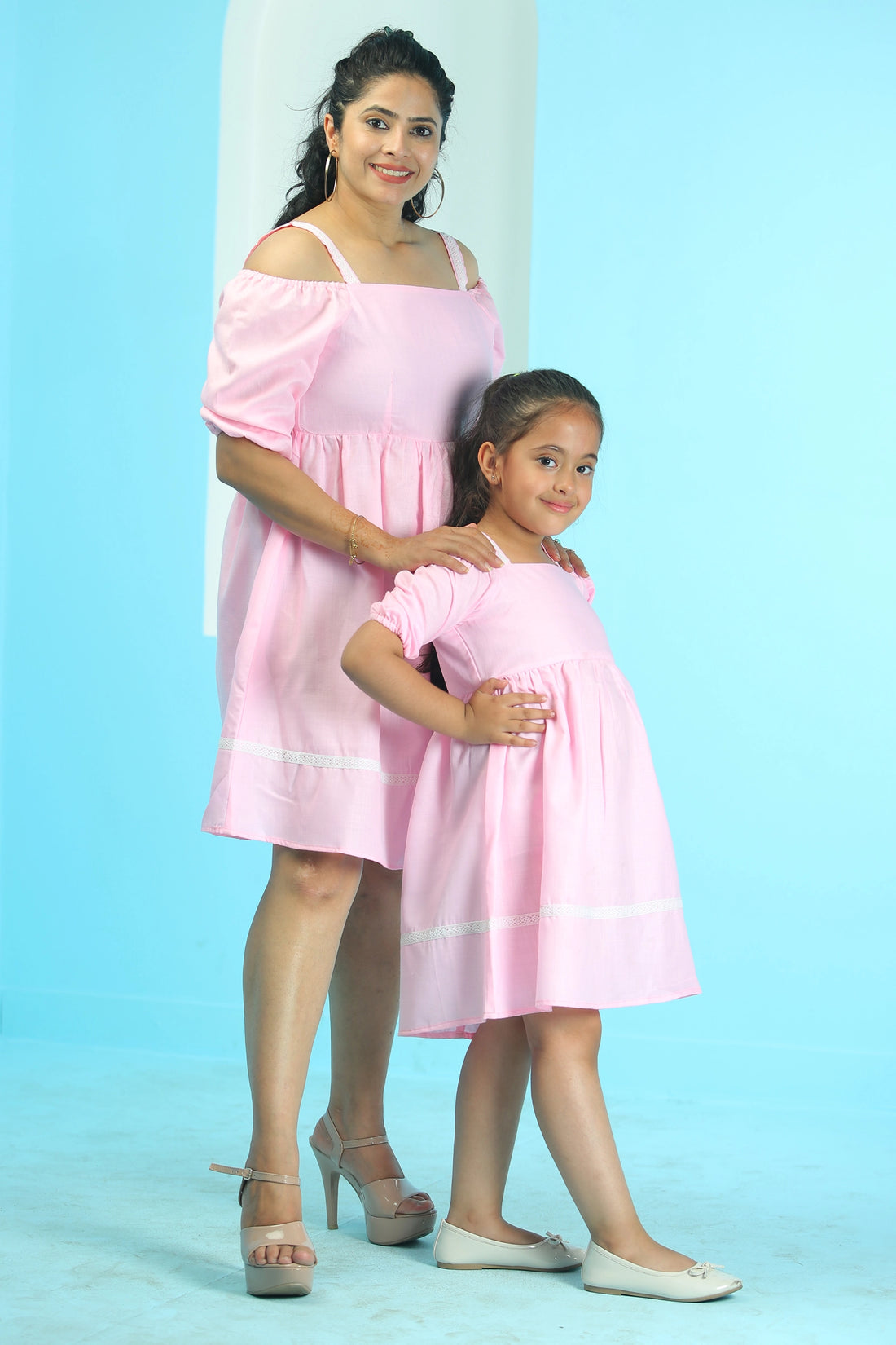 Powder Pink Ruby Cotton Olivia Off Shoulder Dress For Mom And Daughter Set