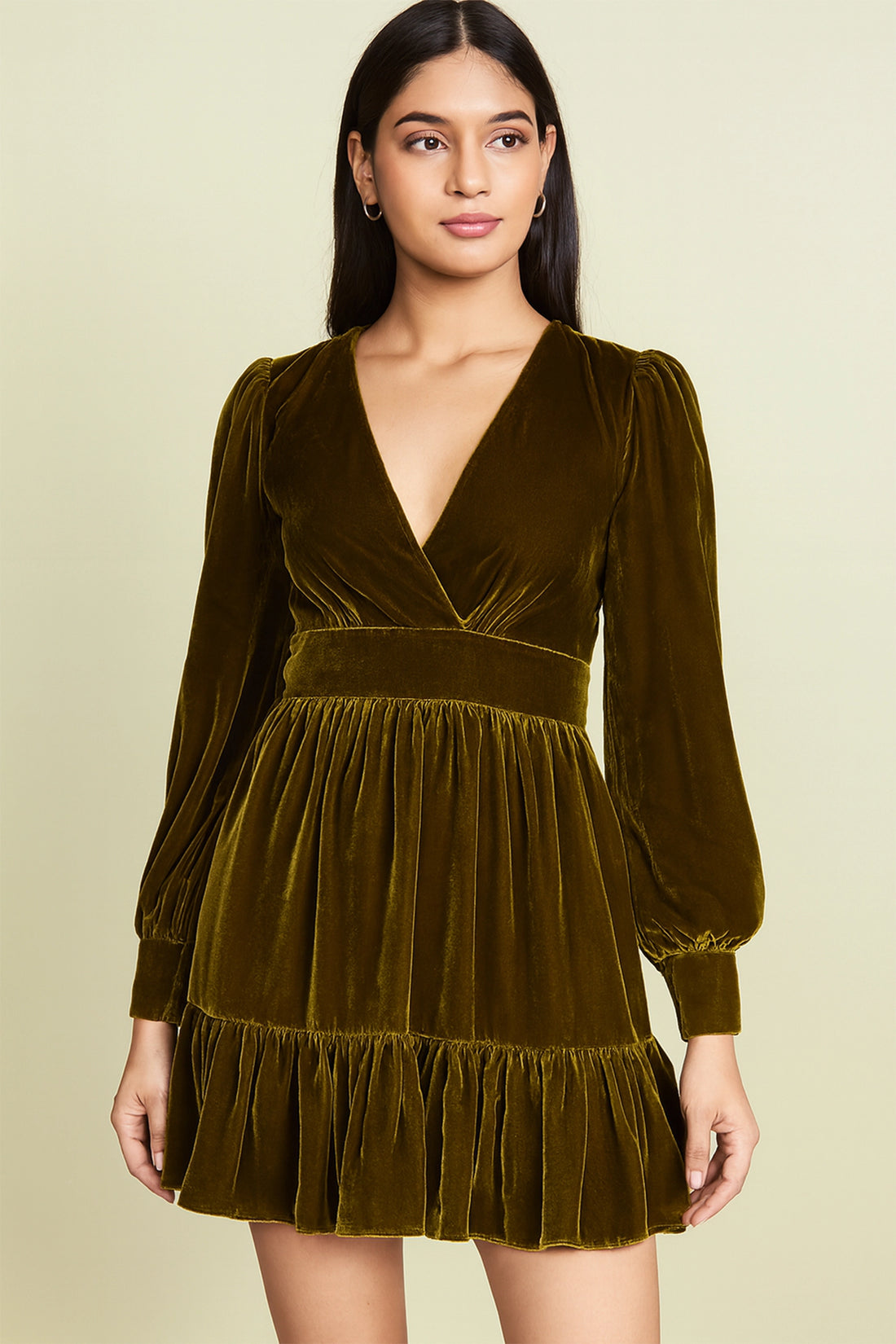 Olive Velvet Long Sleeve Mini Dress