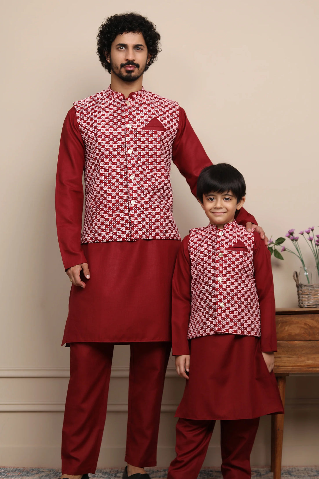 Maroon Kurta Pyjama With Embroidered Jacket Father & Son Twin Set