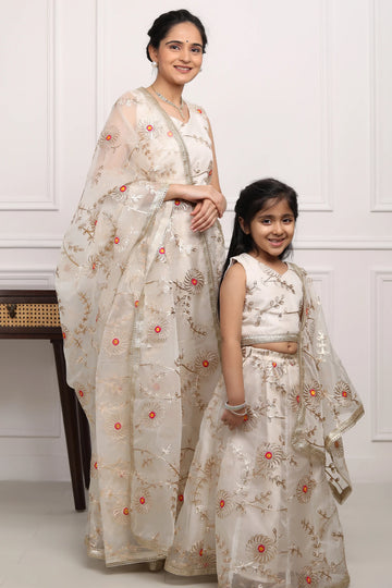 Ivory Gota Patti Lehenga Choli Set for Mom and Daughter