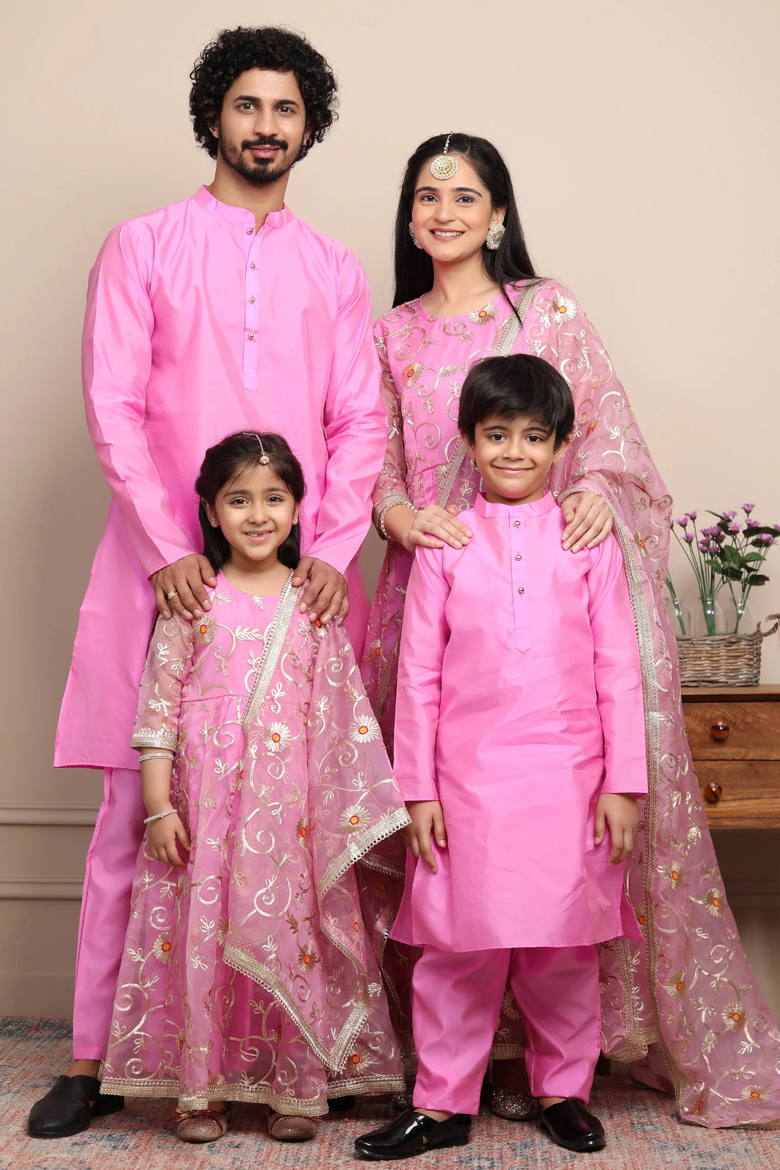 Family Set: Ethnic Rouge & Silver Gota Patti Gown with Matching Kurta Pyjama