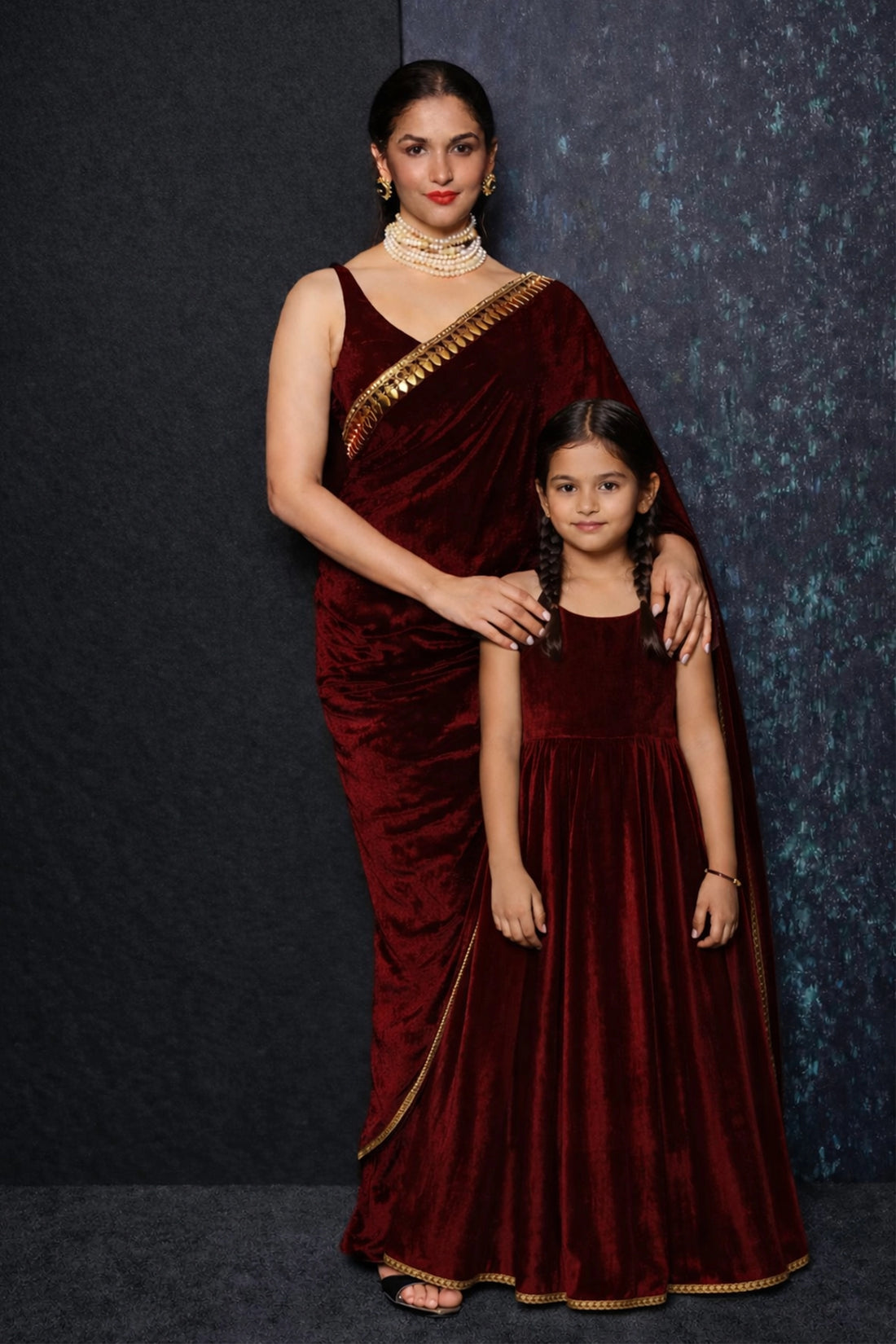 Aaranya Saree & Gown Set – Royal Maroon