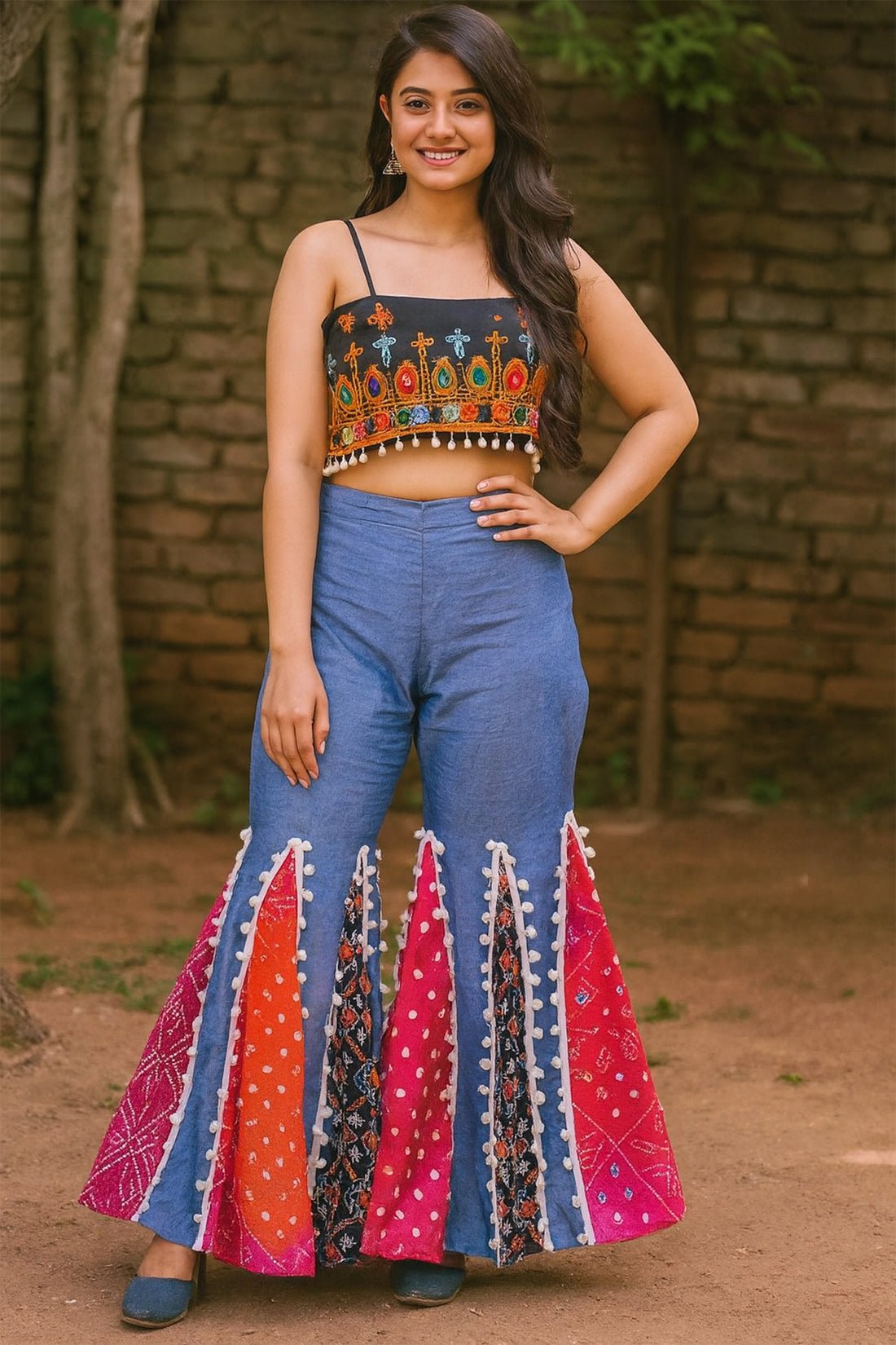 Black Embroidered choli with Multi Colored Pants
