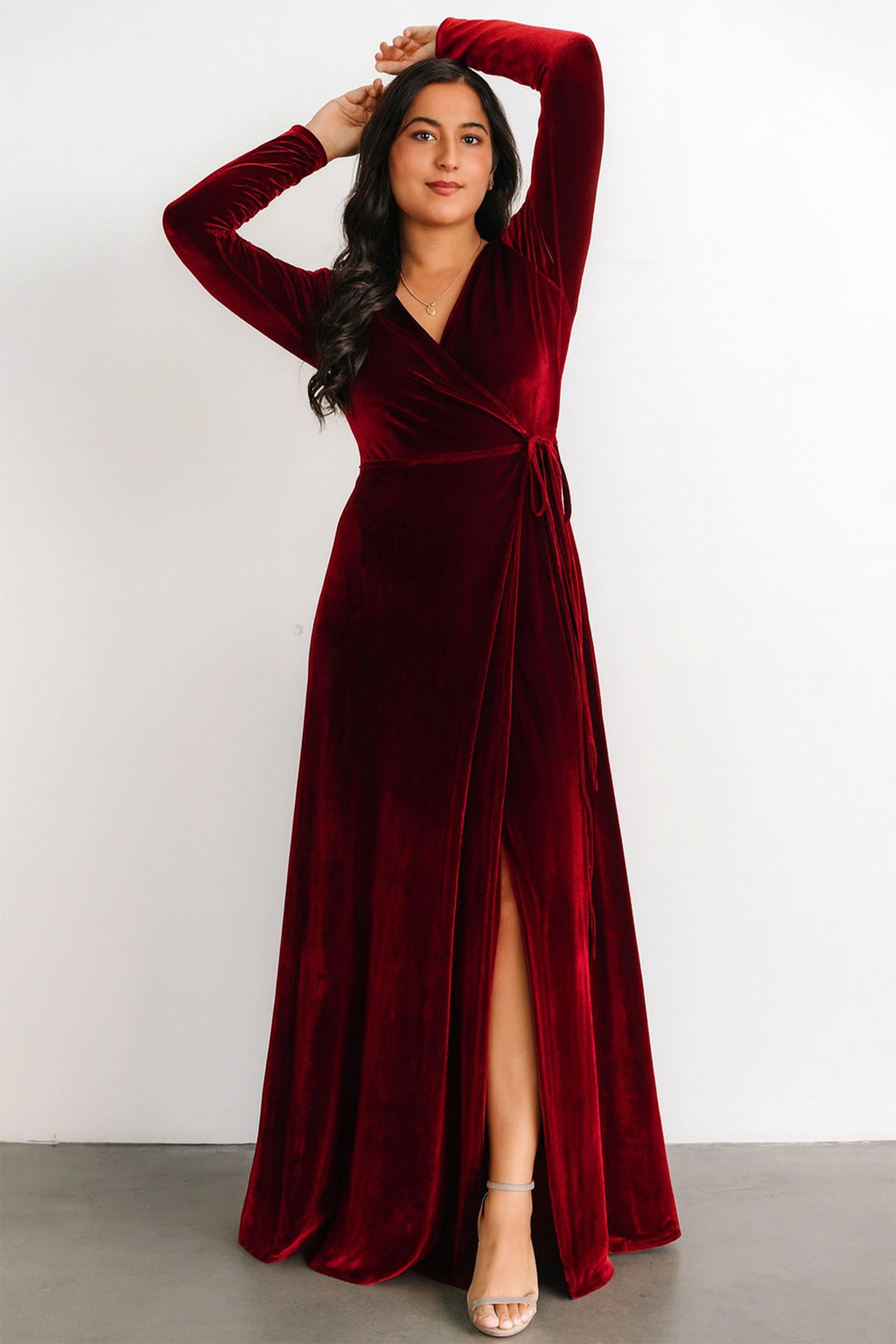 Maroon Velvet Tie-Waist Maxi Dress