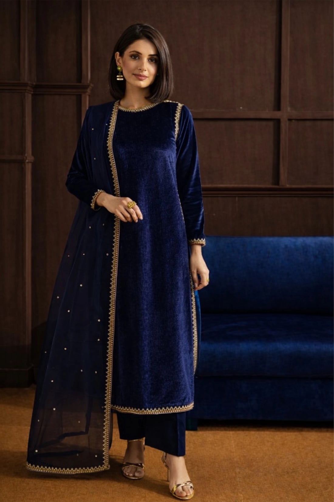 Luxe Velvet Kurta Set - Navy Blue