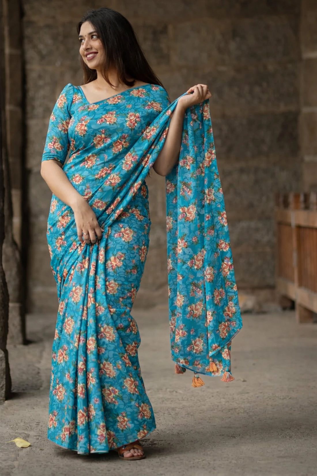 Teal Blue Floral Saree