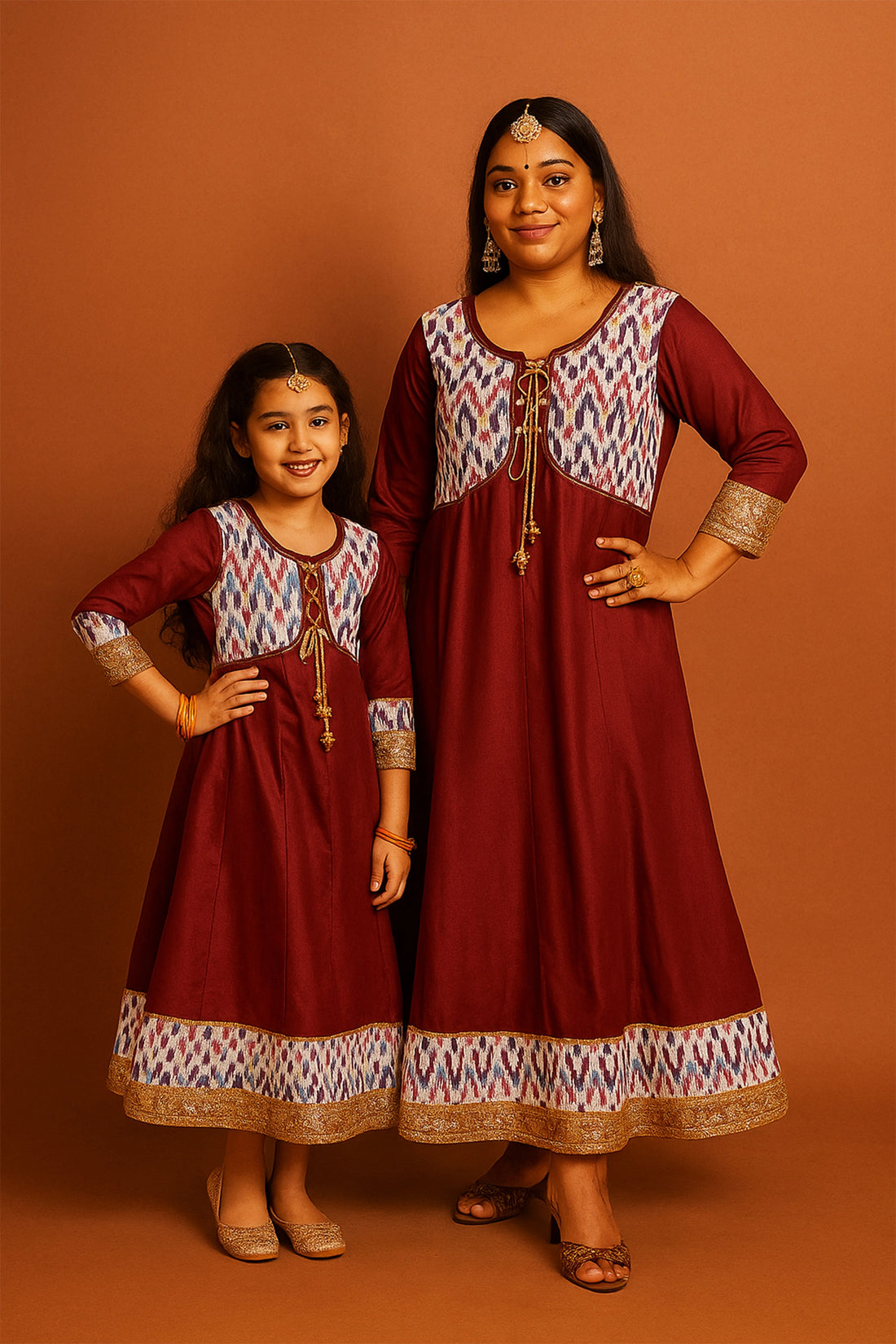Maroon Ikkat Printed Aline Suit Set For Mom And Daughter