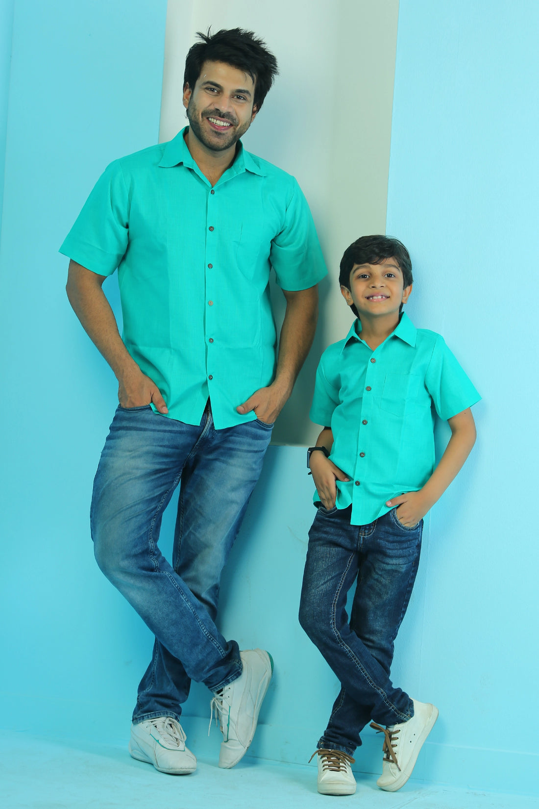 Stylish Plain Teal Blue Matching Shirts for Father and Son