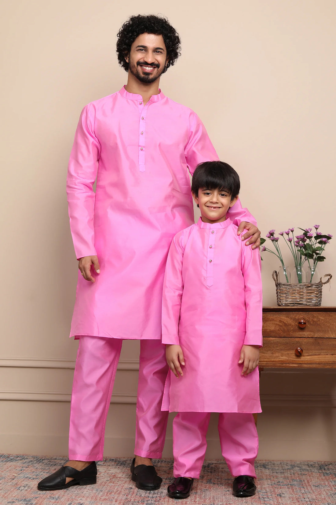 Ethnic Rouge Silk Kurta Pyjama Father & Son Set