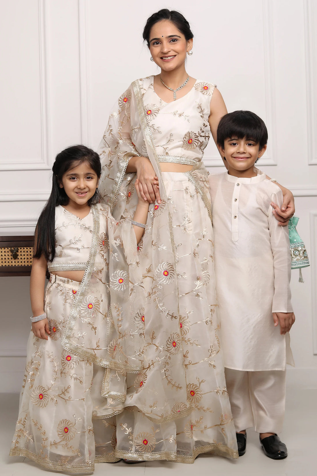 Ivory Gota Patti Lehenga Choli With Matching Kurta Pyjama Family Ensemble