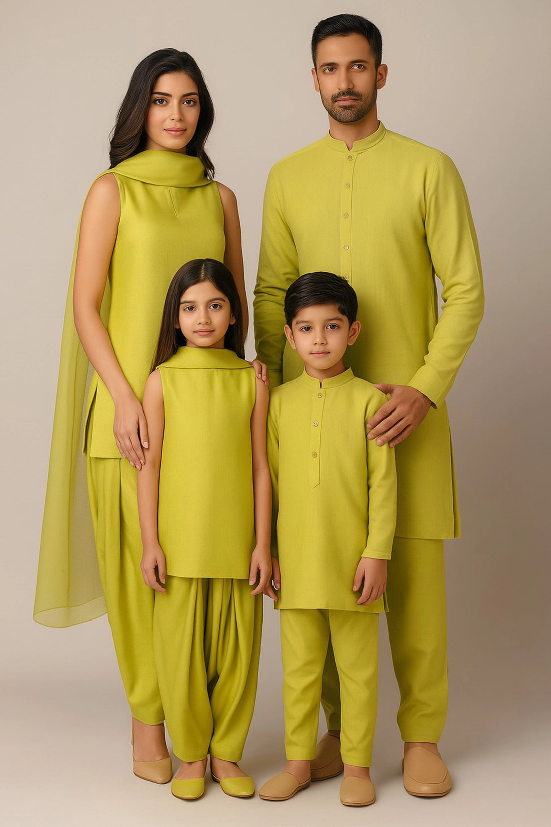 Green Salwar Suit Set With Matching Kurta Pajama For Family