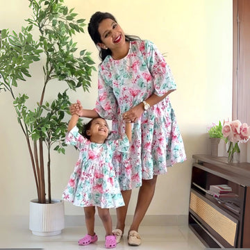 White Floral Printed Ruby Dress For Mom And Daughter