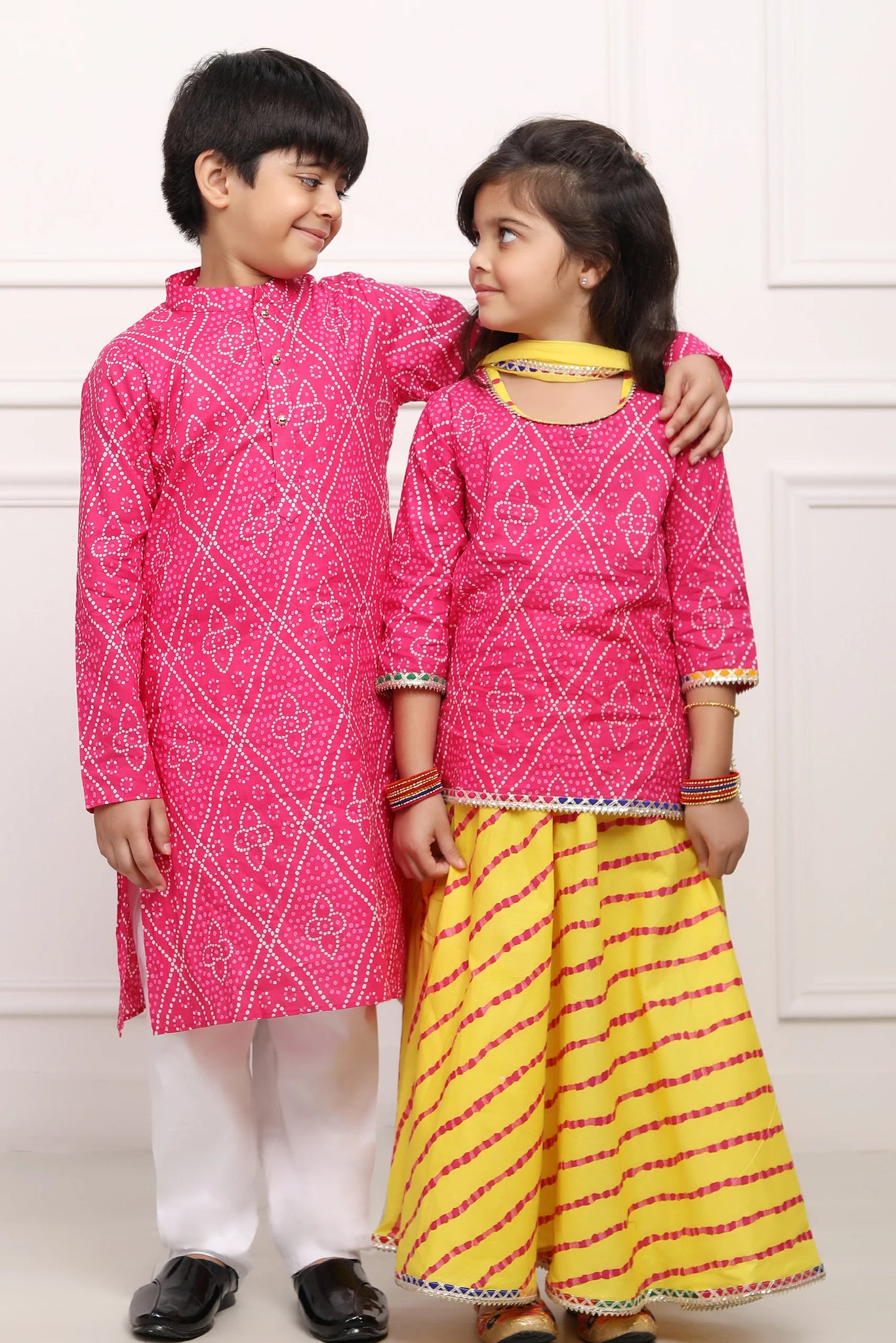 Fuschia Jaipuri Kurta and Yellow Bandhani Lehenga Set - Brother and Si